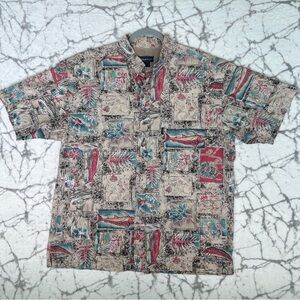 SPORTIF Shirt Vintage Men's XL Tan Floral Pink Blue Fishes Nautical Seaside